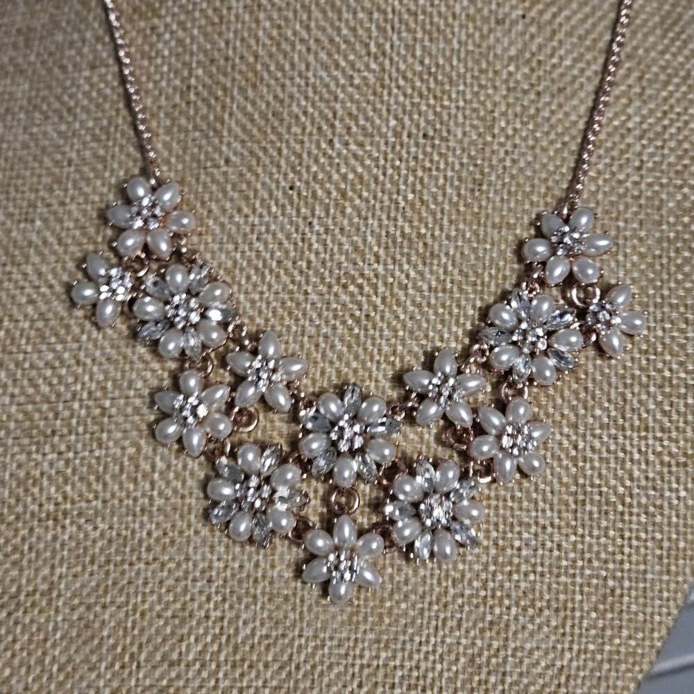INC Gold Tone Floral Statement Necklace Faux Pearl Crystal Flowers